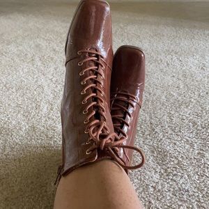 Brown Patent Square Toe Booties with Block Heel